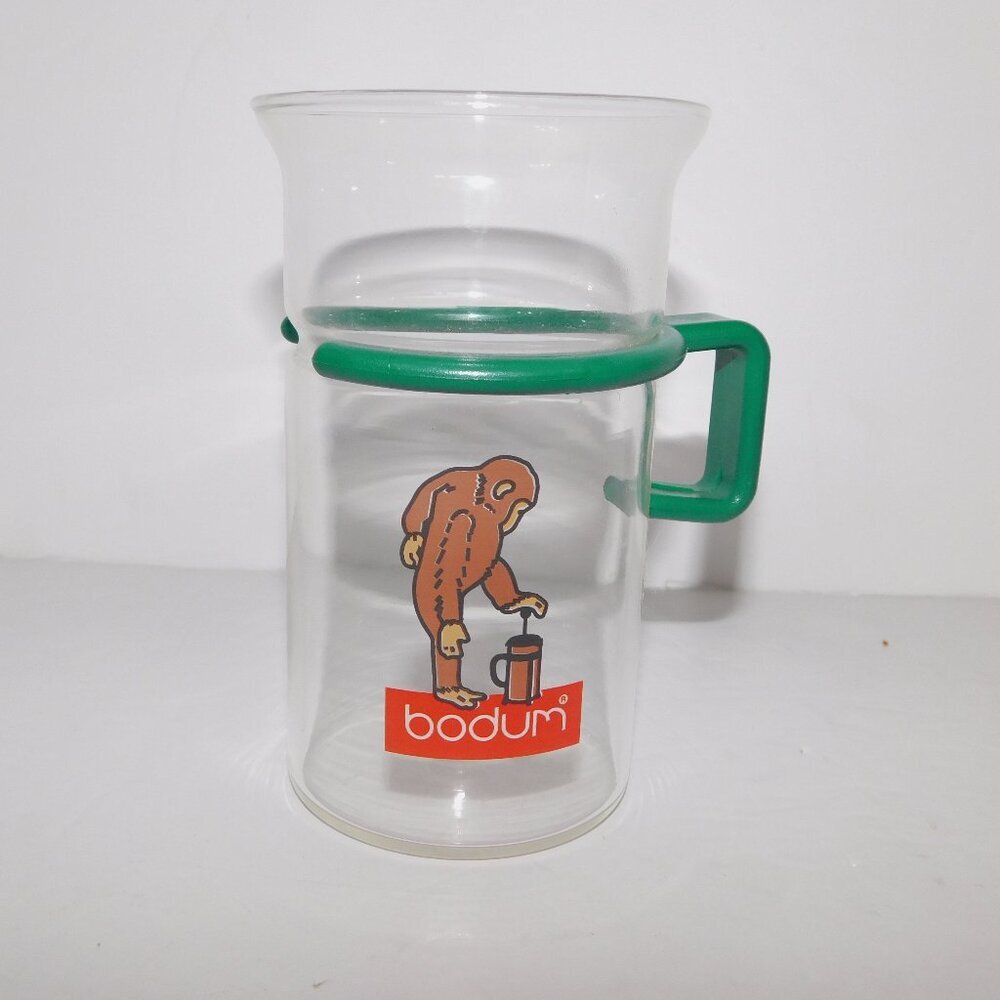 Vintage Bodum Bistro Monkey Chimp Logo Glass Mug Green Handle Brown